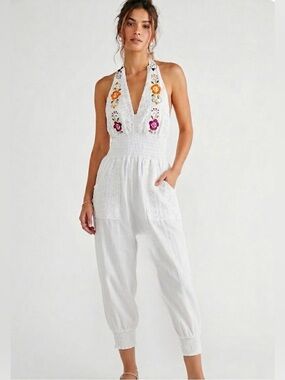 Artisanal Mexican Embroidered Smocked Halter Jumpsuit
Size large